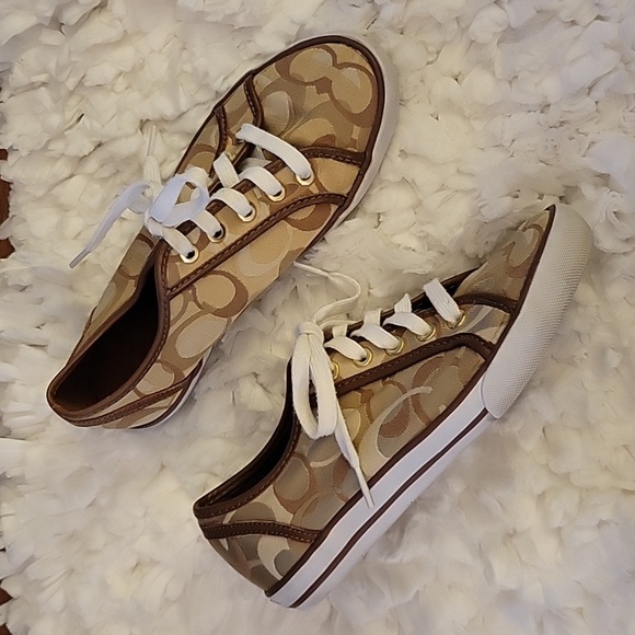 Coach Shoes - Coach brown taupe cream white logo sneakers  lace up leather trim size 6 B EUC…